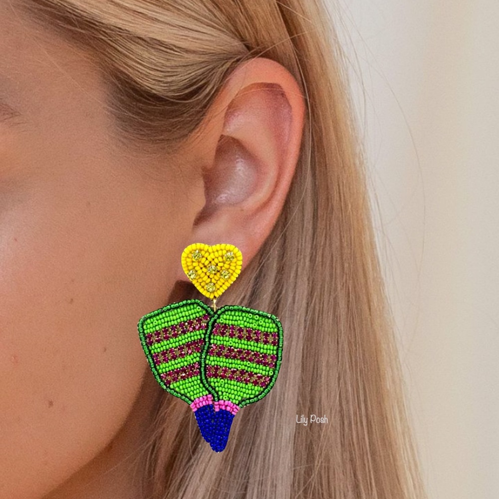 Lily Posh Pickle Ball Racquet Seed Bead Earring, Pickle Ball - Picture 3 of 3